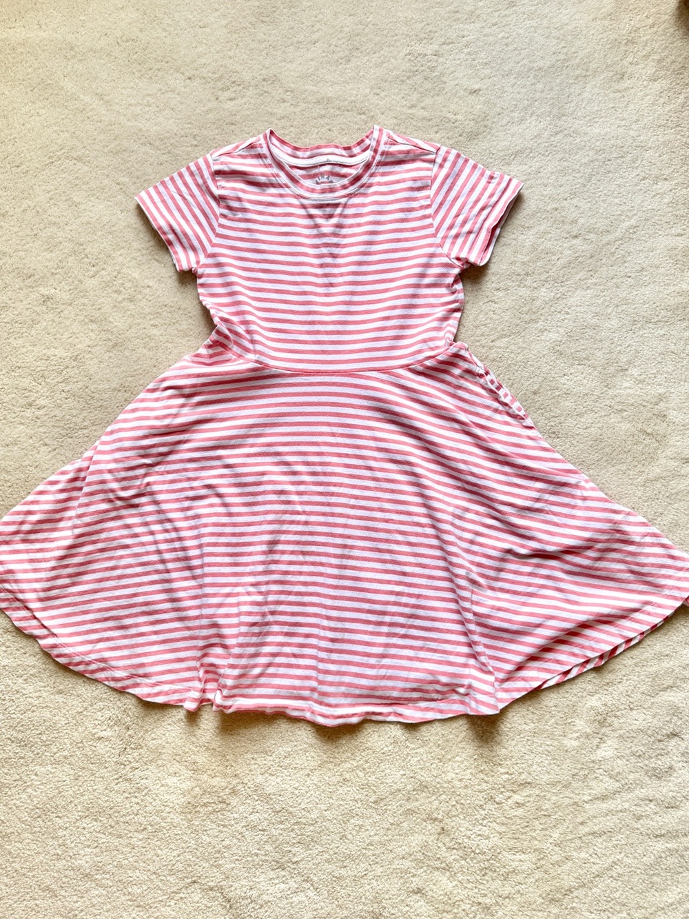 Primary Pink White Stripe Twirly Dress Pockets Girls Size 8-9